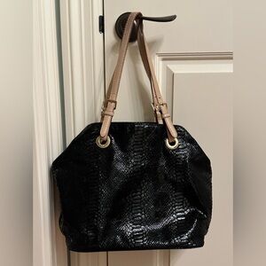 MICHAEL Michael Kors Black Faux-Snakeskin Tote with Nude Straps